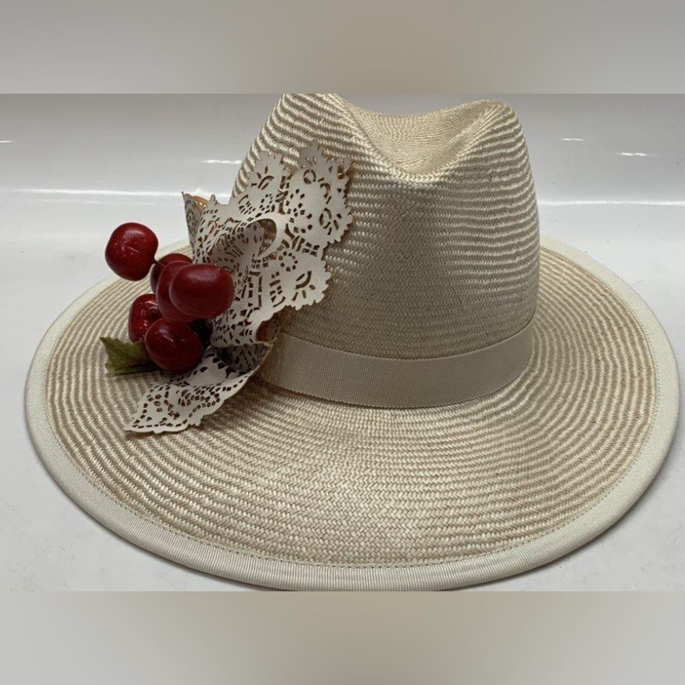EUC Louise Green cream fedora cherry straw hat - Picture 10 of 16